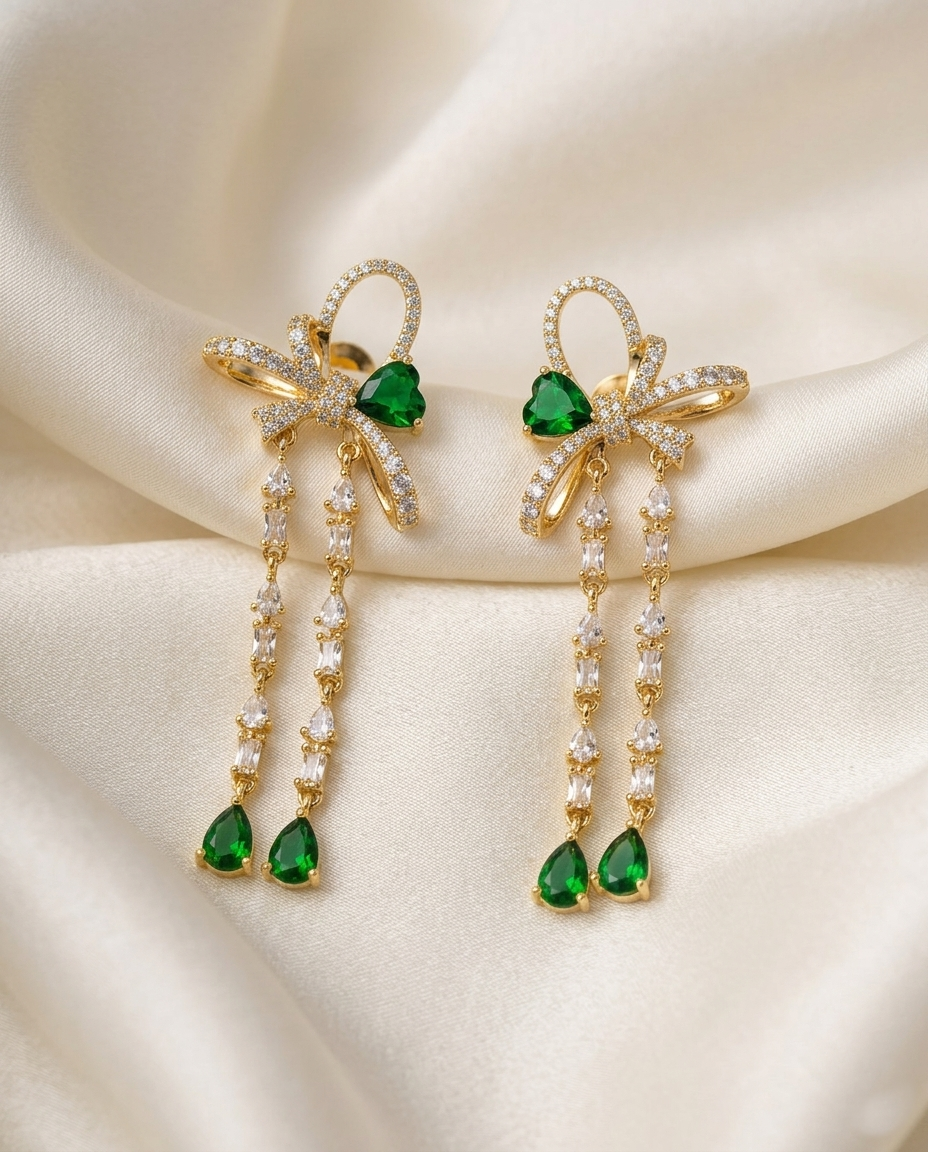 18K Gold Plated Emerald Bow Enchantment Dangle Earrings