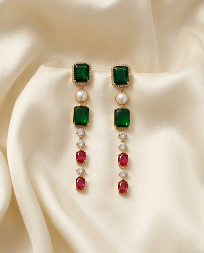 18K Gold Plated Emerald Elegance Multi-Gemstone Statement Dangle Earrings