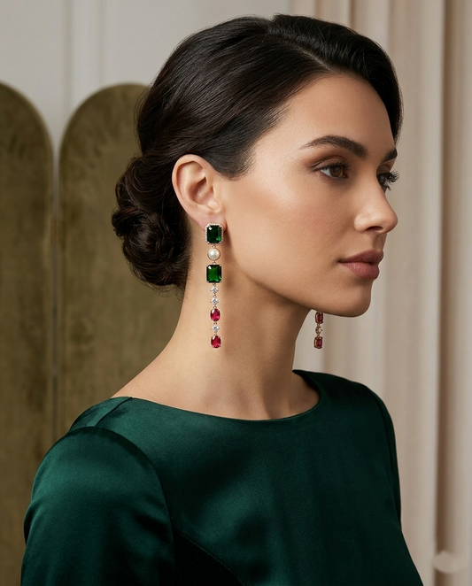 18K Gold Plated Emerald Elegance Multi-Gemstone Statement Dangle Earrings