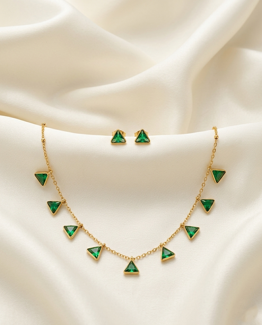 18K Gold Plated Emerald Geometric Triangle Charm Necklace & Stud Earring Set