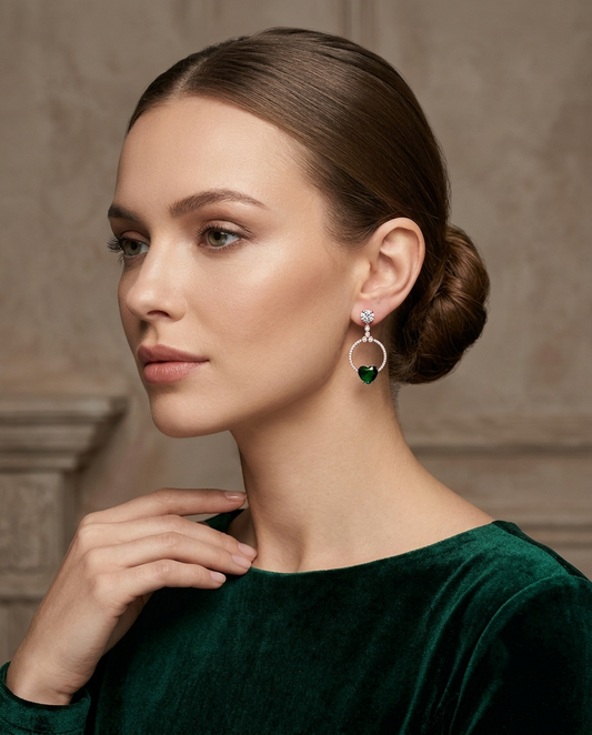 18K Gold Plated Emerald Green Heart Crystal Drop Earrings