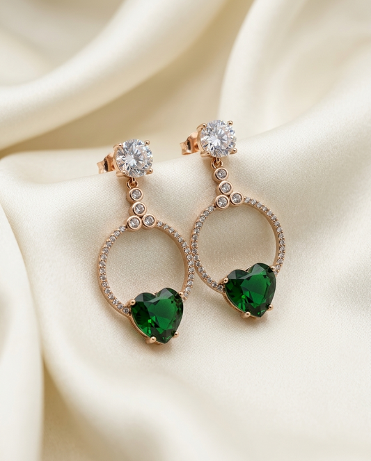 18K Gold Plated Emerald Green Heart Crystal Drop Earrings