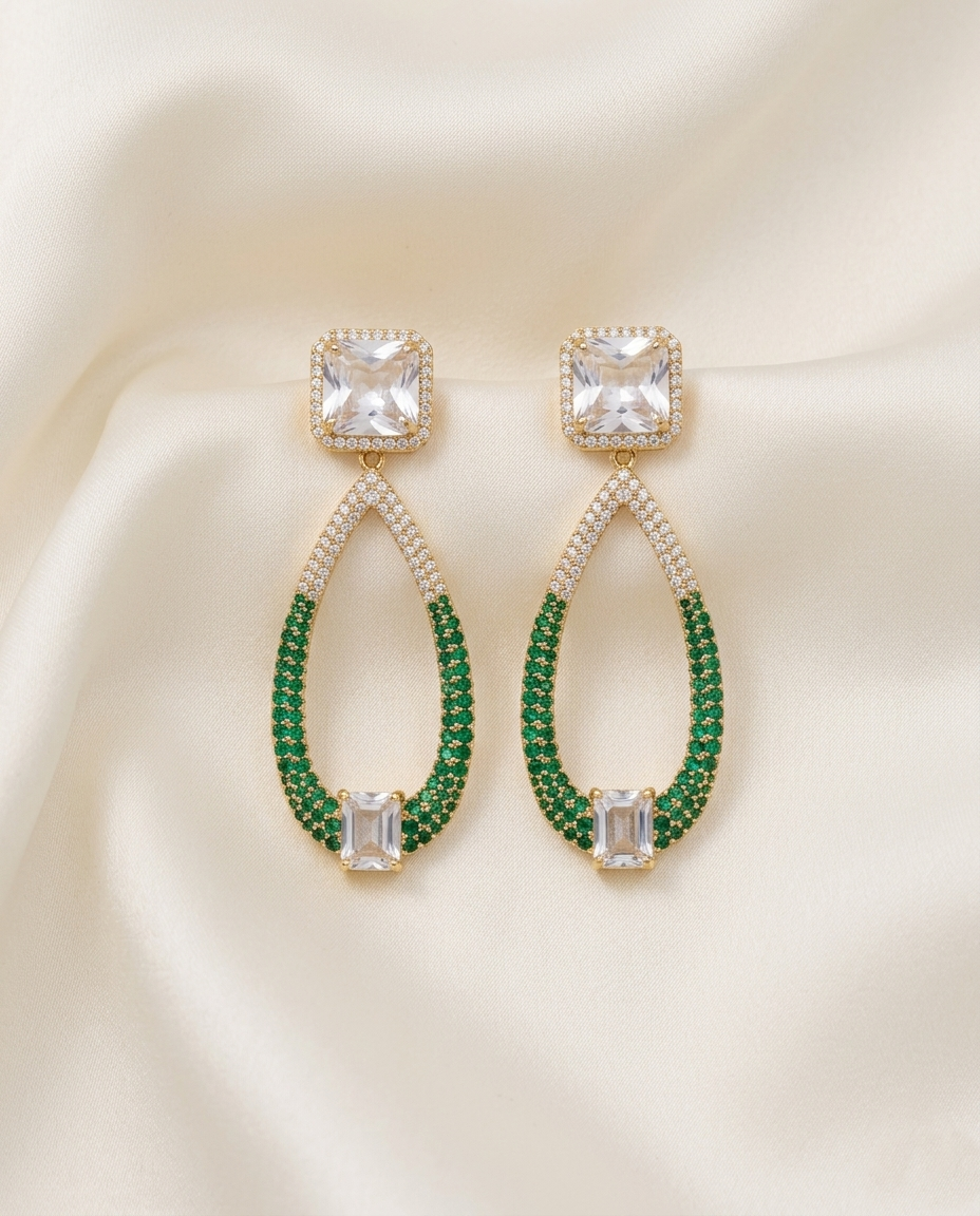 18K Gold Plated Emerald Crystal Teardrop Hoop Earrings – Luxury Statement Drops