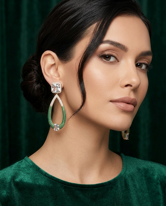 18K Gold Plated Emerald Crystal Teardrop Hoop Earrings – Luxury Statement Drops