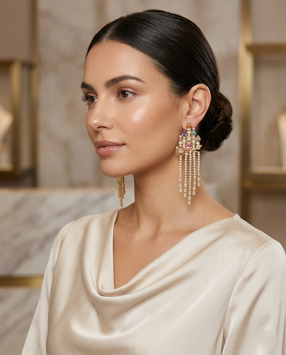 18K Gold Plated Empress Palace Multi-Gemstone Statement Earrings with Rhinestone Fringe