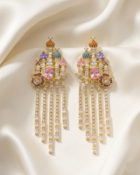 18K Gold Plated Empress Palace Multi-Gemstone Statement Earrings with Rhinestone Fringe