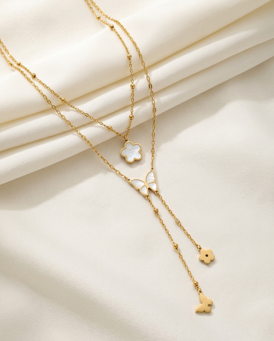 18K Gold Plated Enamel Butterfly & Floral Y-Necklace