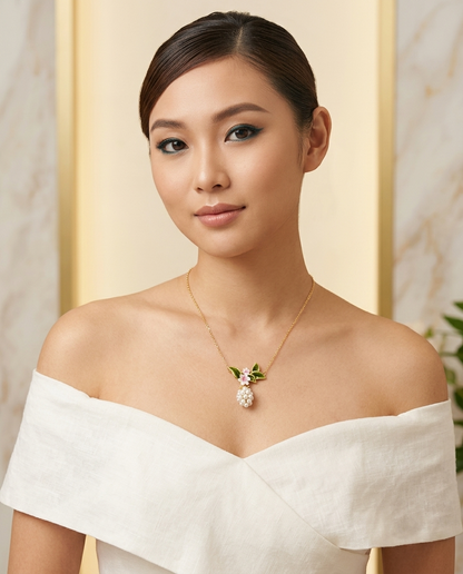 18K Gold Plated Enamel Floral & Pearl Cluster Pendant Necklace