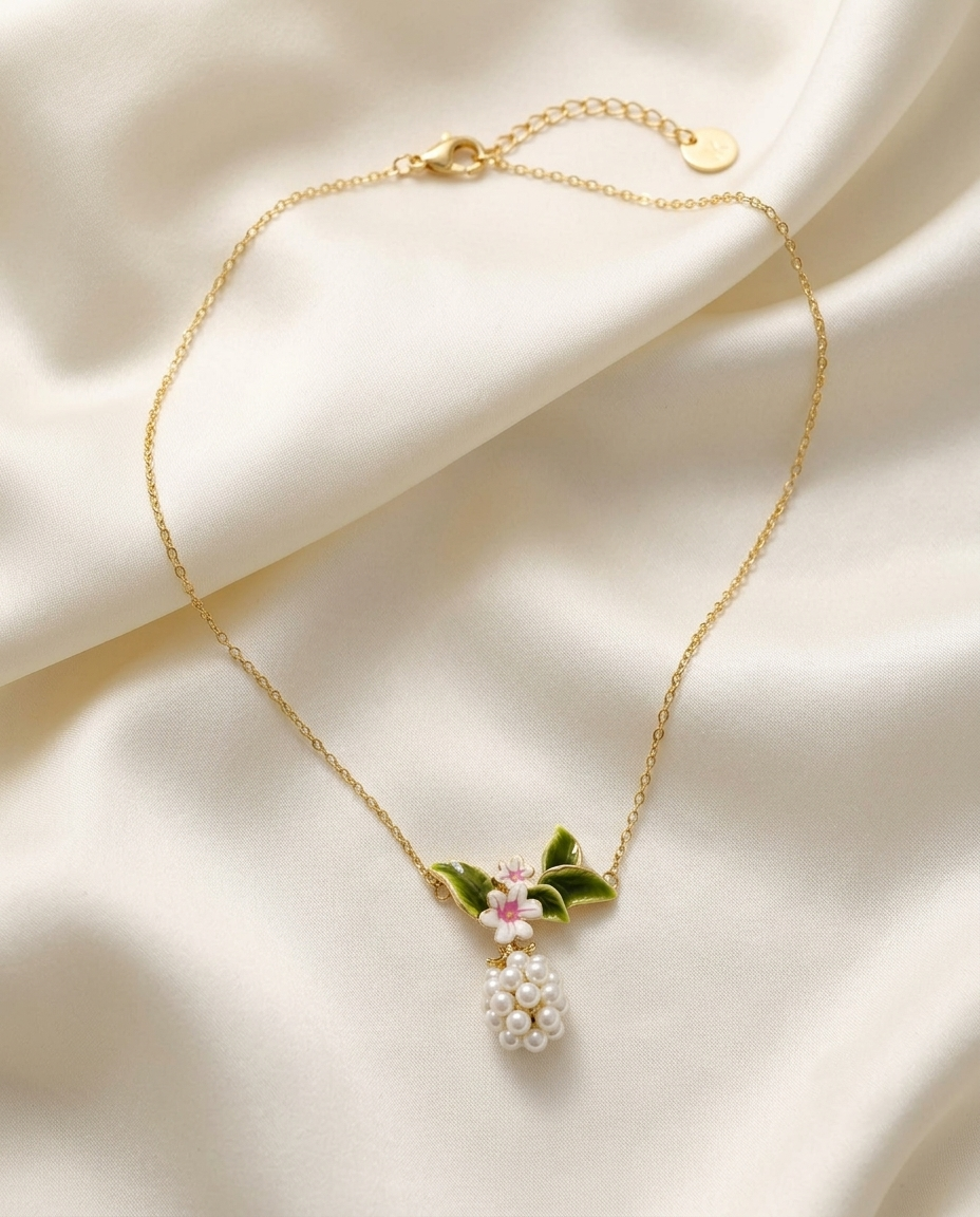 18K Gold Plated Enamel Floral & Pearl Cluster Pendant Necklace