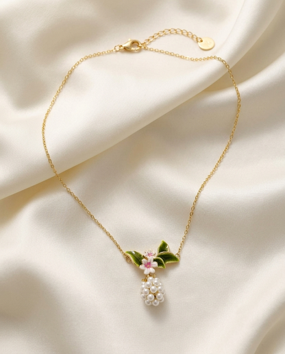 18K Gold Plated Enamel Floral & Pearl Cluster Pendant Necklace