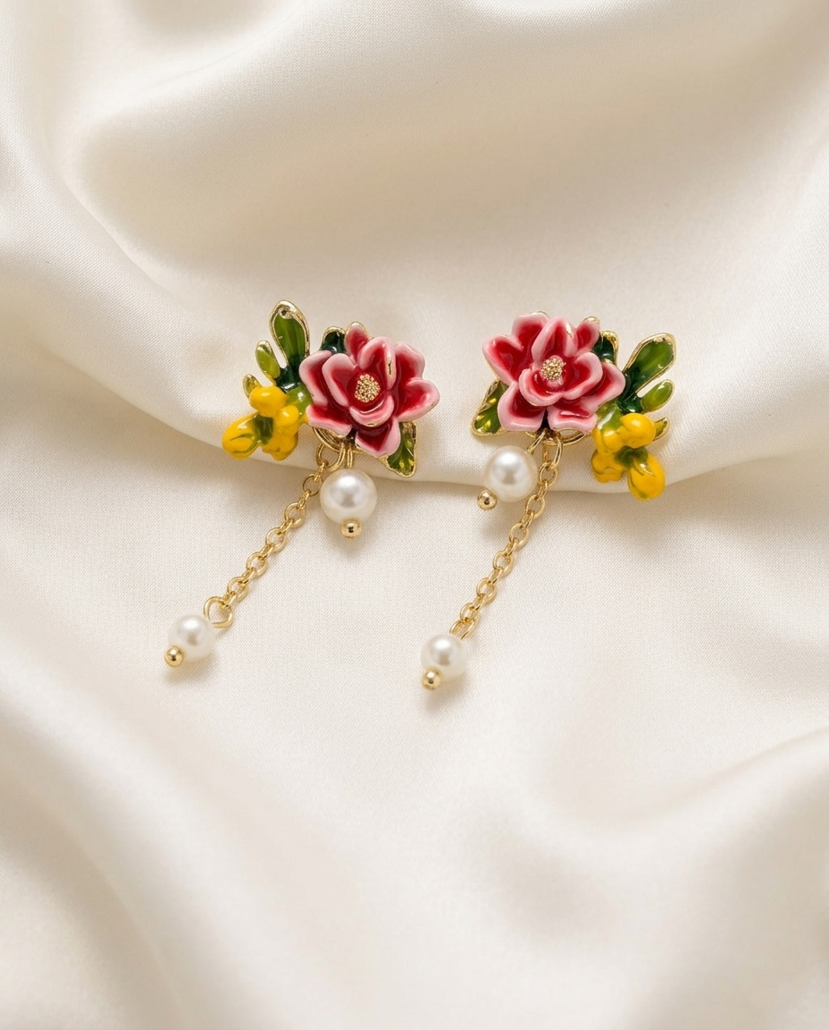 18K Gold Plated Enamel Floral & Pearl Dangle Earrings