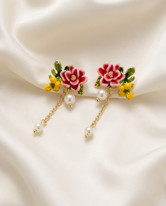 18K Gold Plated Enamel Floral & Pearl Dangle Earrings