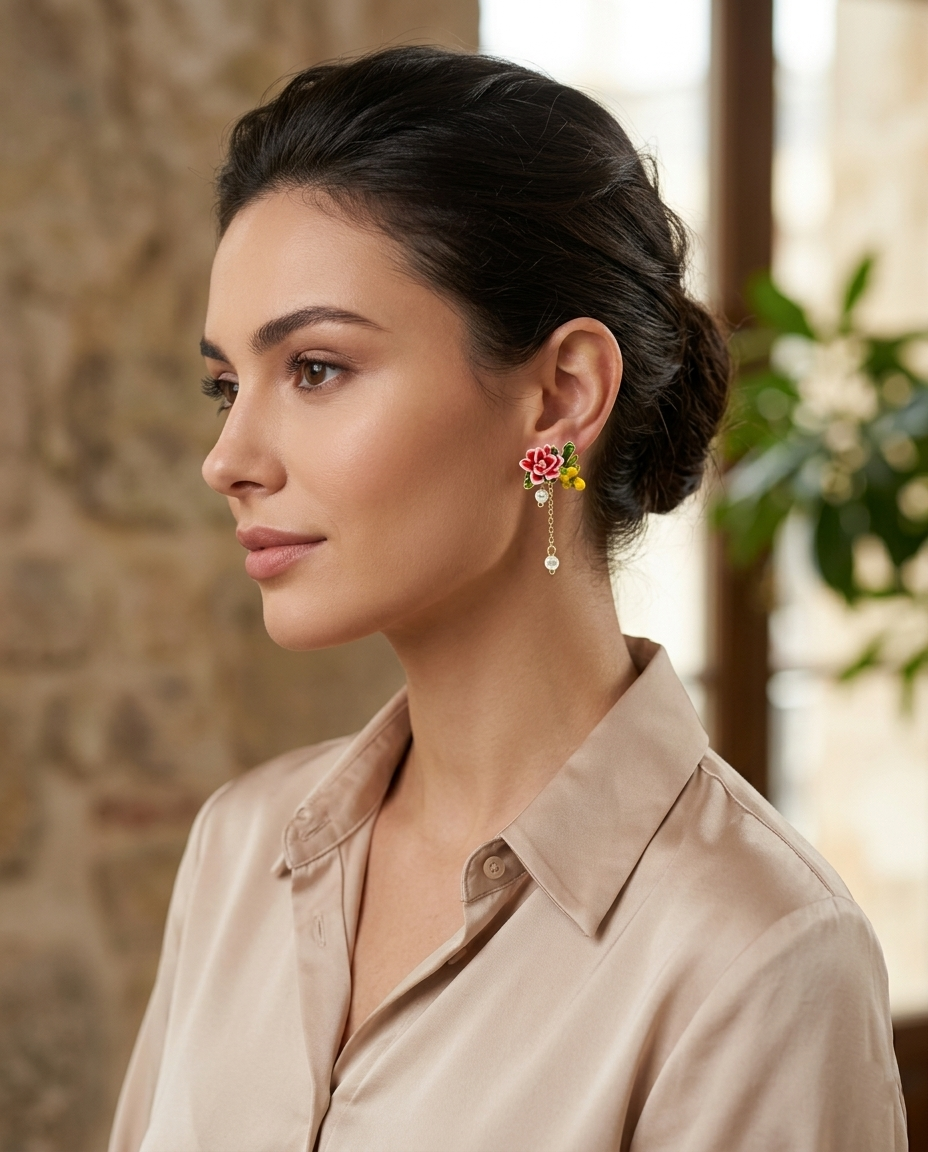 18K Gold Plated Enamel Floral & Pearl Dangle Earrings