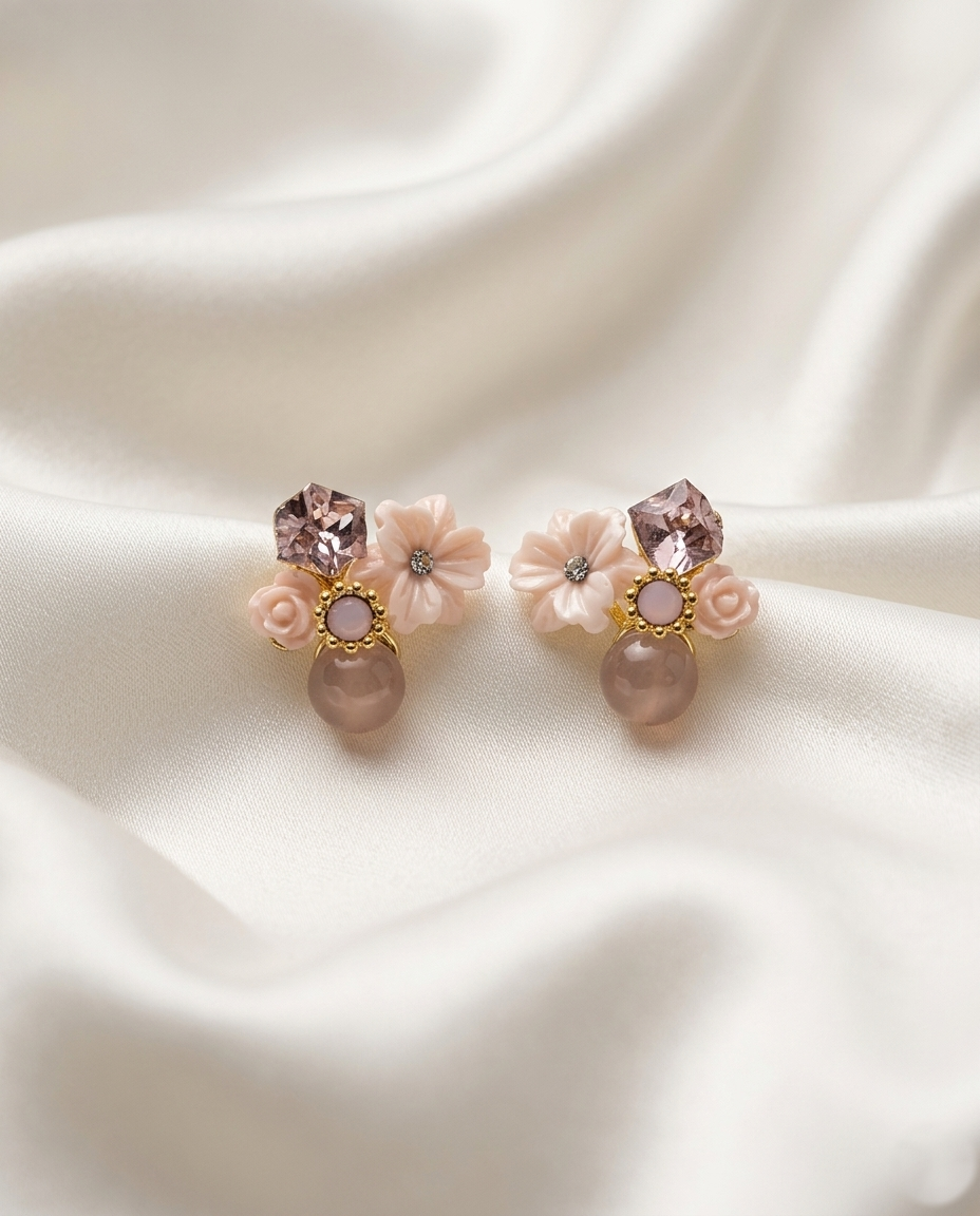 18K Gold Plated Enchanted Bloom Mirrored Stud Earrings - Pink