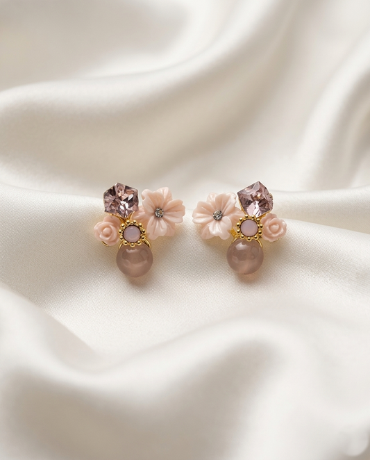 18K Gold Plated Enchanted Bloom Mirrored Stud Earrings - Pink