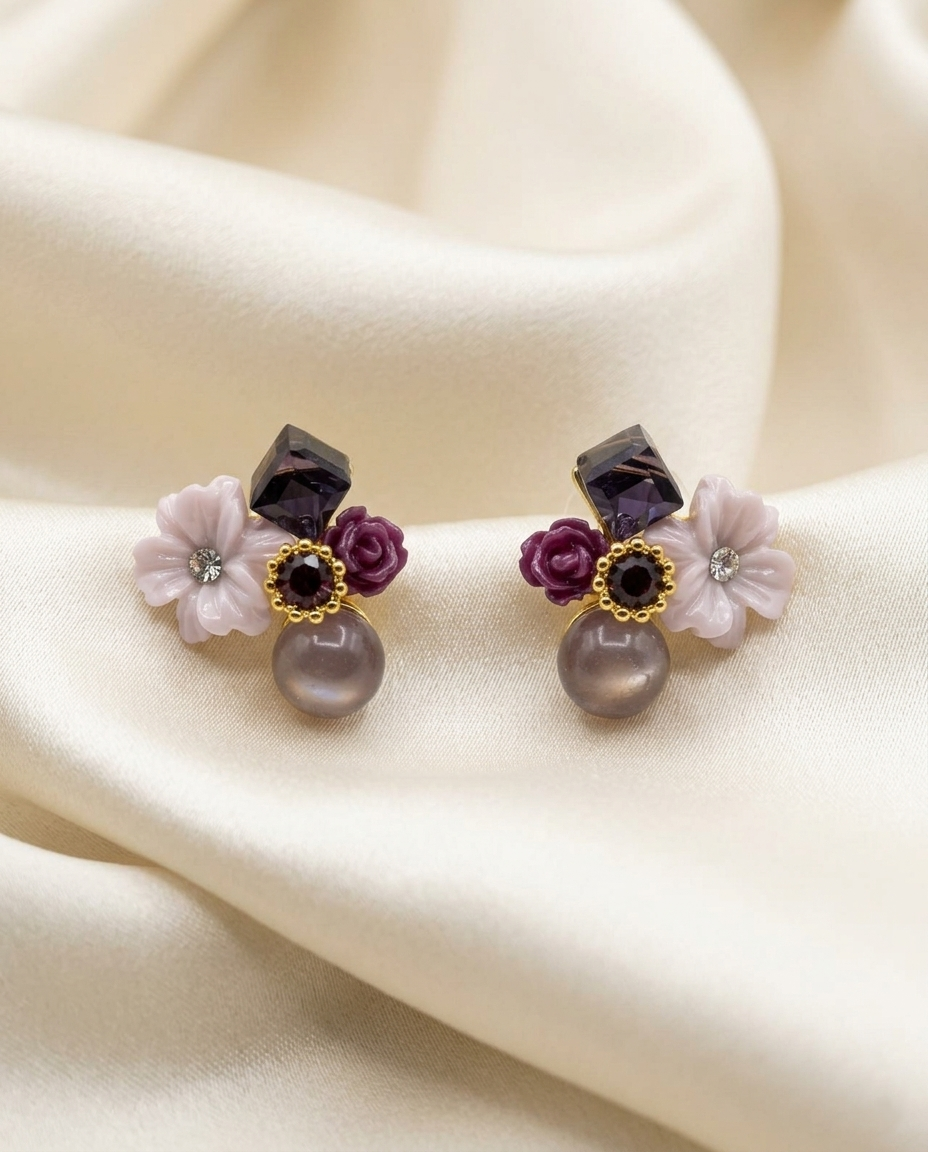 18K Gold Plated Enchanted Bloom Mirrored Stud Earrings - Purple