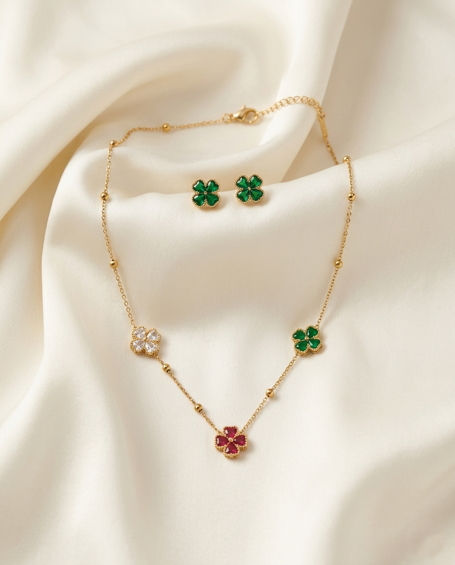 18K Gold Plated Enchanted Clover Charm Necklace & Earring Set