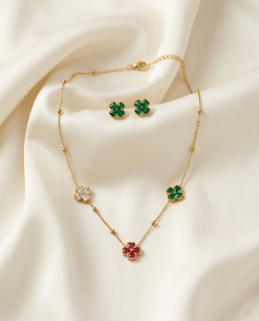 18K Gold Plated Enchanted Clover Charm Necklace & Earring Set