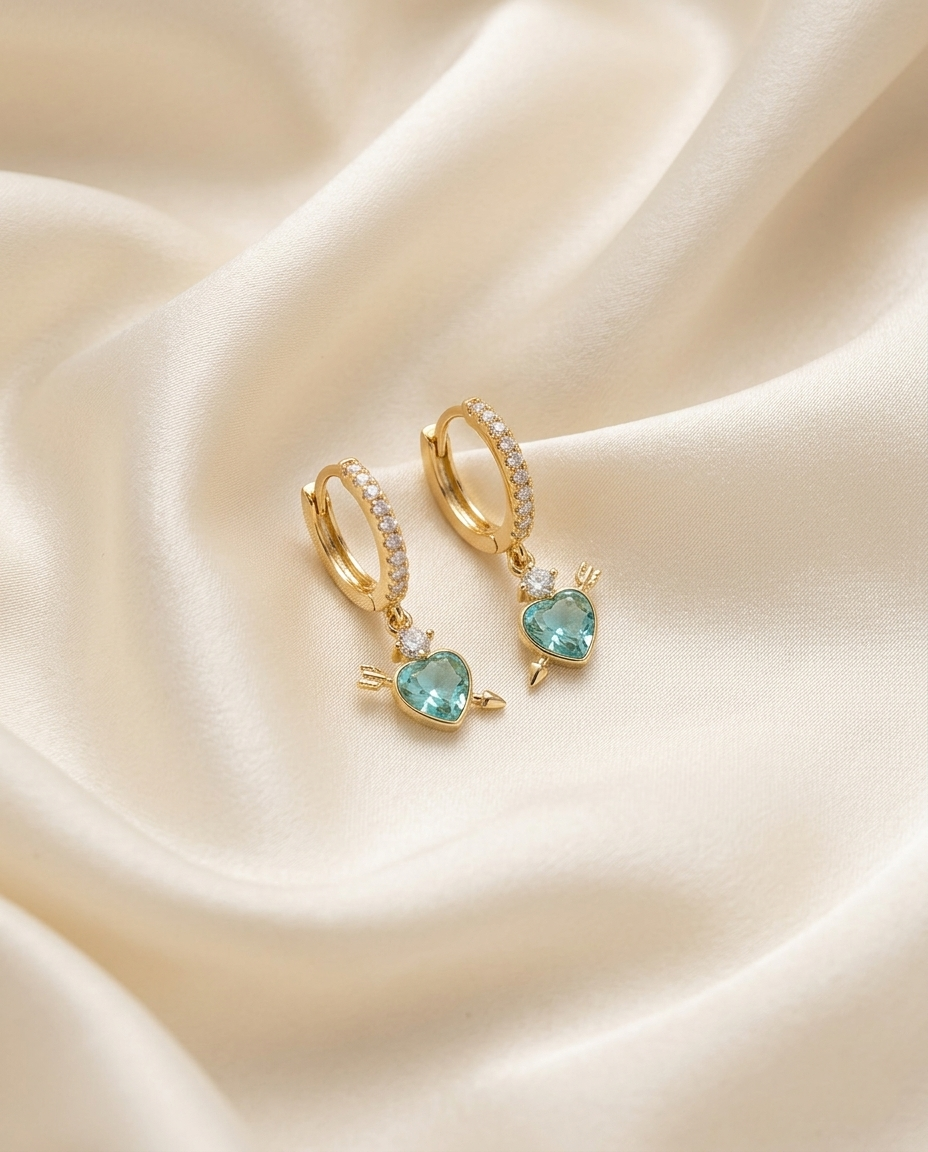 18K Gold Plated Enchanted Cupid’s Heart Drop Hoop Earrings