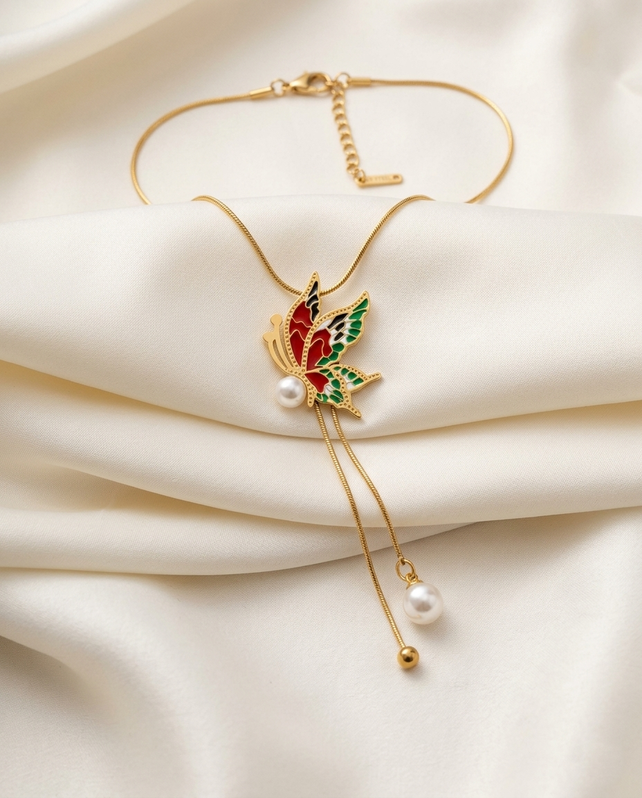 18K Gold Plated Enchanted Enameled Butterfly Lariat Necklace with Faux Pearls