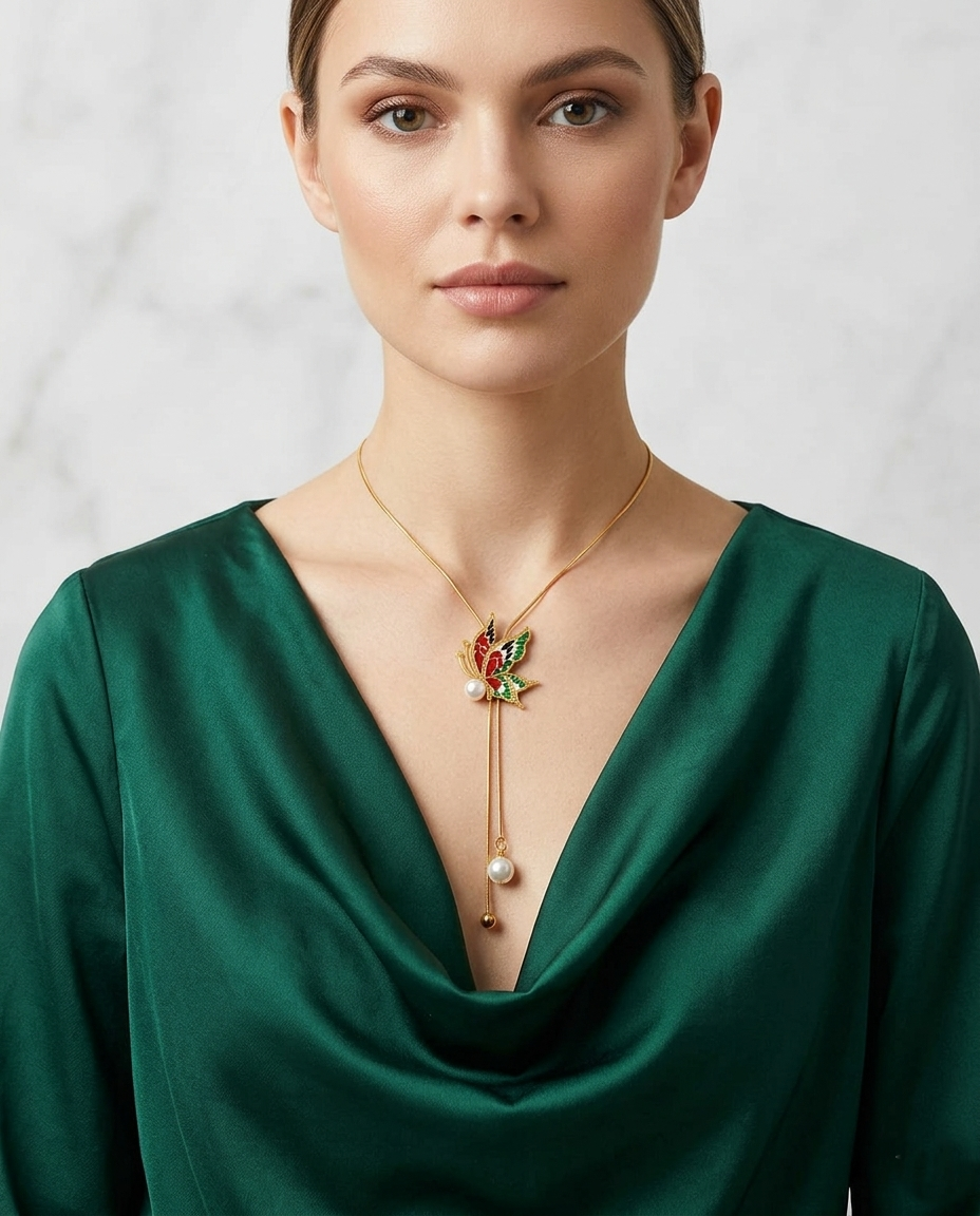 18K Gold Plated Enchanted Enameled Butterfly Lariat Necklace with Faux Pearls