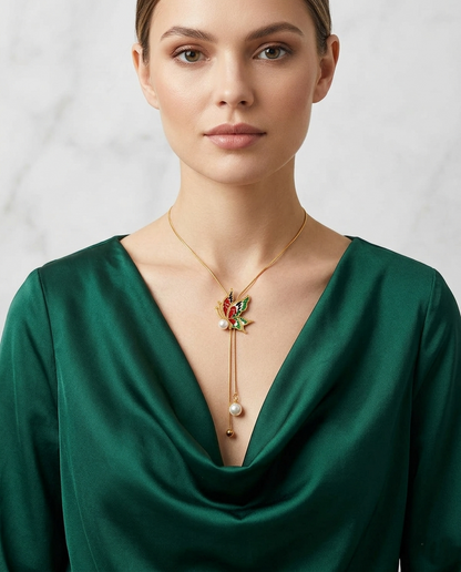 18K Gold Plated Enchanted Enameled Butterfly Lariat Necklace with Faux Pearls