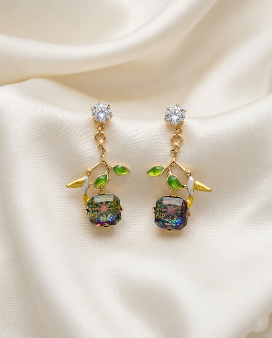 18K Gold Plated Enchanted Hummingbird & Sapphire Crystal Drop Earrings- Multi