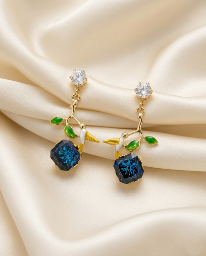18K Gold Plated Enchanted Hummingbird & Sapphire Crystal Drop Earrings