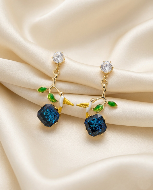 18K Gold Plated Enchanted Hummingbird & Sapphire Crystal Drop Earrings