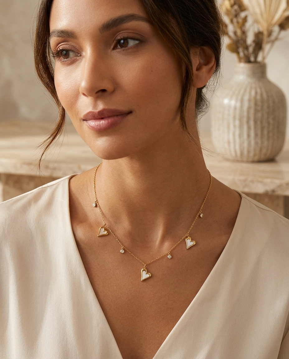 18K Gold Plated Ethereal Heart Charm Necklace with Mother of Pearl Inlay