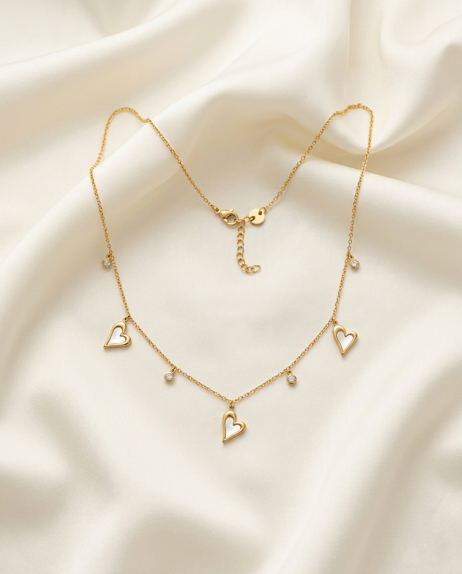 18K Gold Plated Ethereal Heart Charm Necklace with Mother of Pearl Inlay