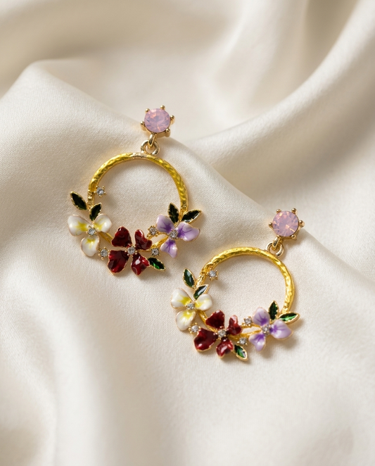 18K Gold Plated Floral Bloom Hoop Earrings – Enameled Spring Petal Design with Crystal Accents