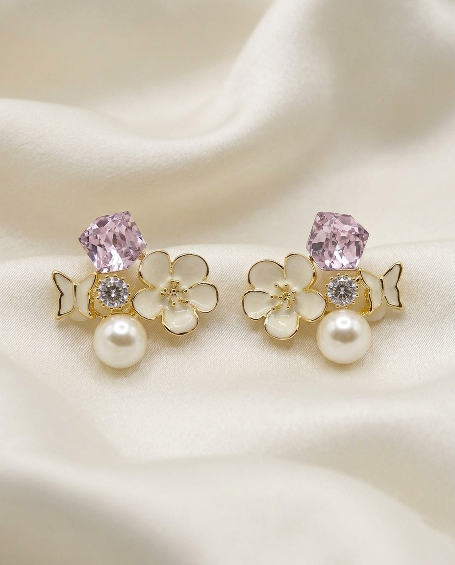 18K Gold Plated Floral Elegance Mirrored Stud Earrings