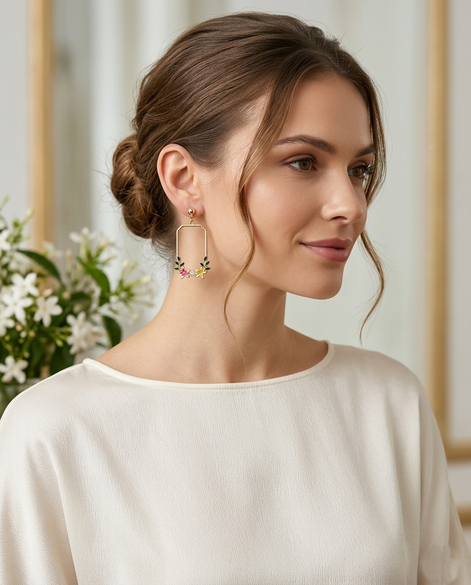 18K Gold Plated Floral Harmony Rectangular Drop Earrings