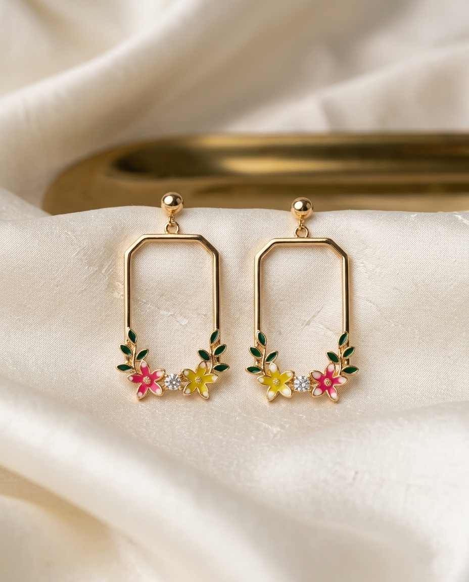 18K Gold Plated Floral Harmony Rectangular Drop Earrings
