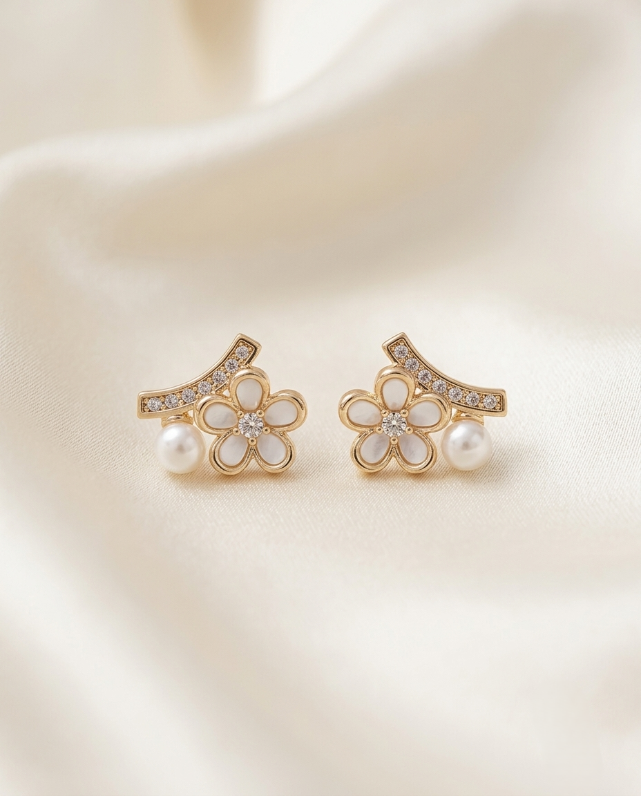 18K Gold Plated Floral Pearl & Crystal Stud Earrings