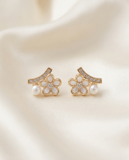 18K Gold Plated Floral Pearl & Crystal Stud Earrings