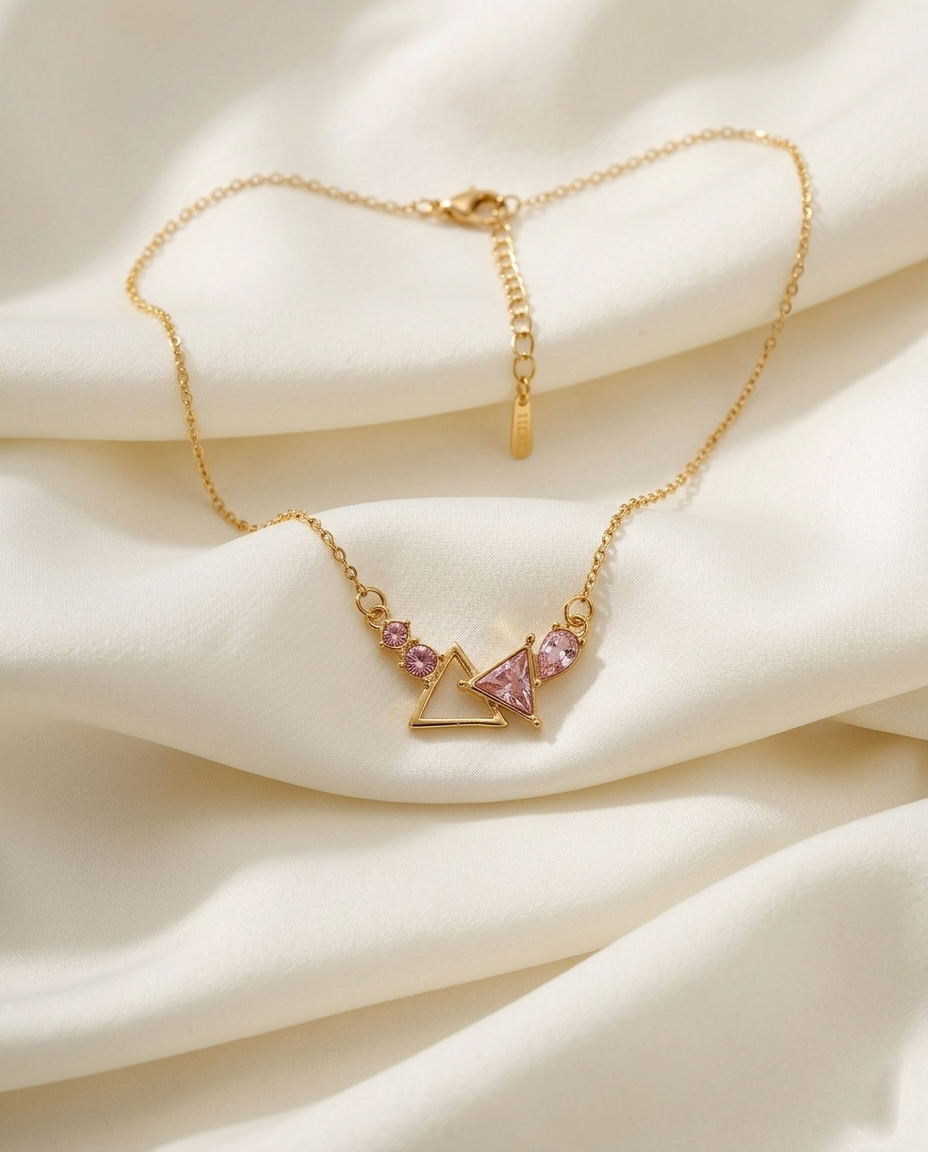18K Gold Plated Geometric Pink Crystal & Gold Triangle Necklace