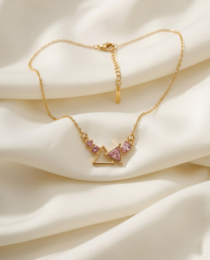 18K Gold Plated Geometric Pink Crystal & Gold Triangle Necklace