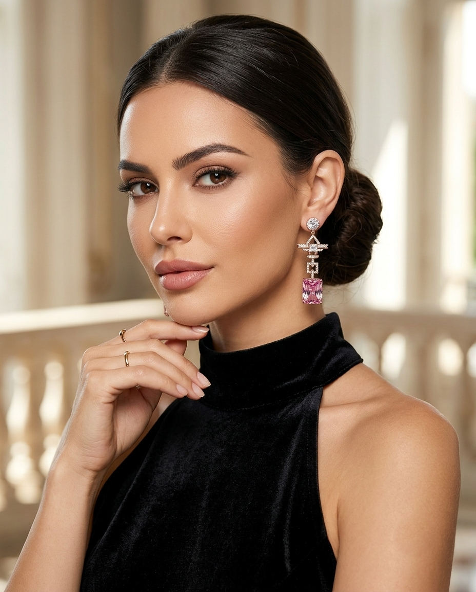 18K Gold Plated Geometric Radiant-Cut Pink Zirconia Drop Earrings