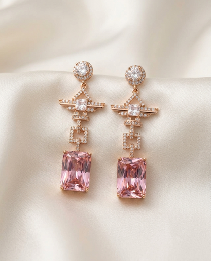 18K Gold Plated Geometric Radiant-Cut Pink Zirconia Drop Earrings
