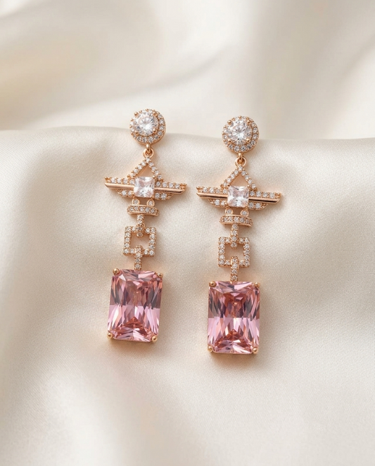18K Gold Plated Geometric Radiant-Cut Pink Zirconia Drop Earrings