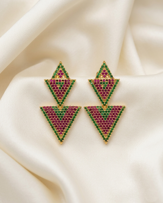 18K Gold Plated Geometric Ruby & Emerald Crystal Earrings