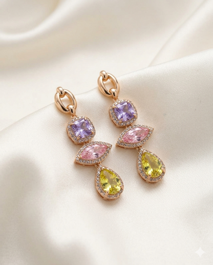 18K Gold Plated Glamorous Multicolor Crystal Cascading Drop Earrings - Pastel