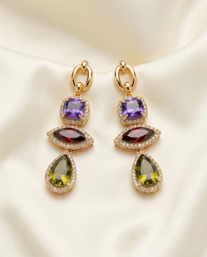 18K Gold Plated Glamorous Multicolor Crystal Cascading Drop Earrings