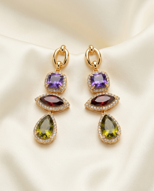 18K Gold Plated Glamorous Multicolor Crystal Cascading Drop Earrings