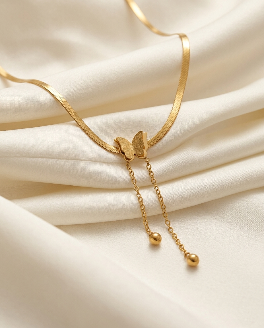 18K Gold Plated Gold Butterfly Dangle Snake Chain Necklace