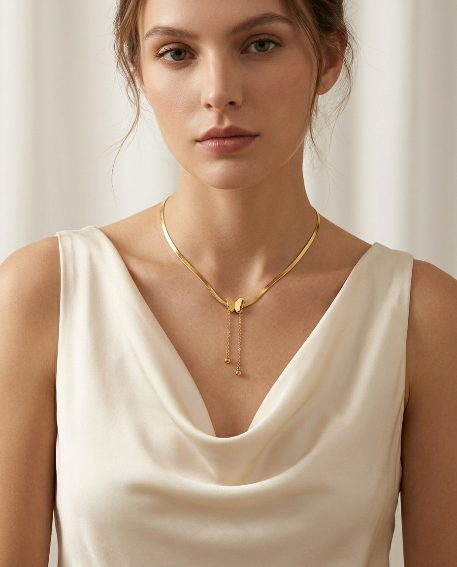 18K Gold Plated Gold Butterfly Dangle Snake Chain Necklace