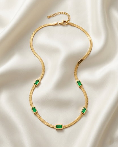 18K Gold Plated Herringbone Chain Necklace with Emerald-Green Baguette Accents
