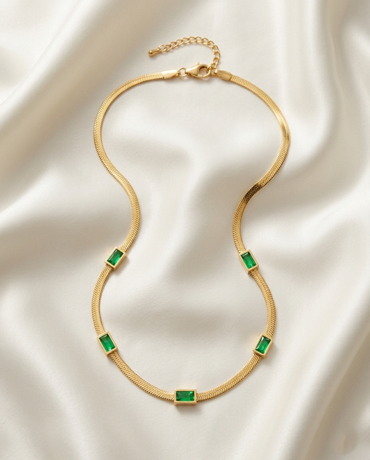 18K Gold Plated Herringbone Chain Necklace with Emerald-Green Baguette Accents